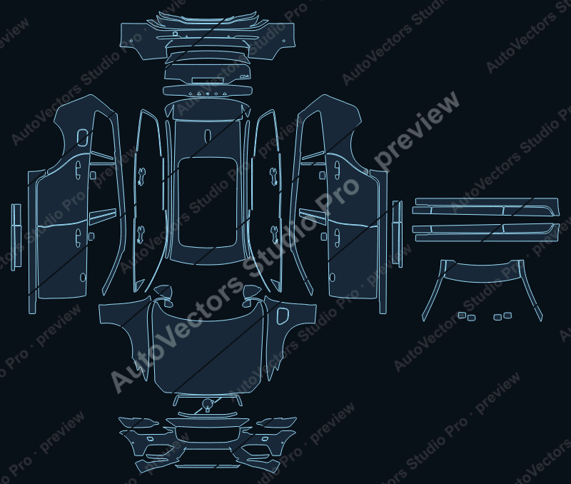 Volvo V60 Essential 2025 precut PPF pattern – watermarked preview from the cutting software