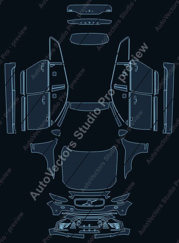Volvo V90 R 2021 estate precut PPF pattern – watermarked preview from the cutting software