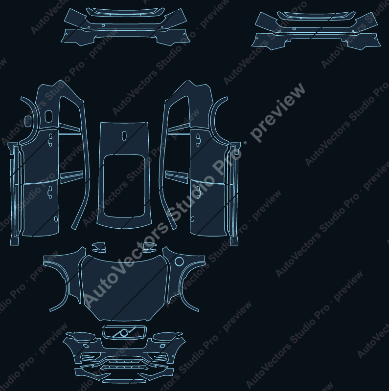 Volvo XC90 Recharge Plus Dark 2023 precut PPF pattern – watermarked preview from the cutting software