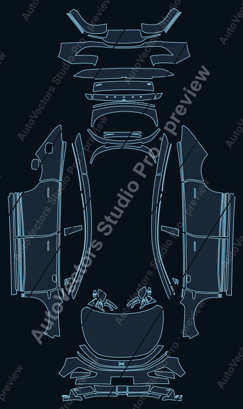 XPeng P7 2026 precut PPF pattern – watermarked preview from the cutting software